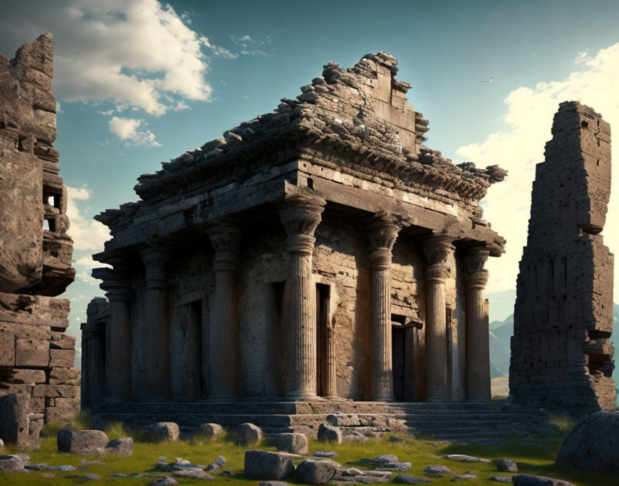 Ancient temple ruins with Corinthian columns and greenery under clear sky