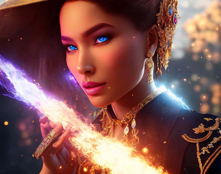 Digital artwork: Woman with blue eyes in uniform casting glowing spell