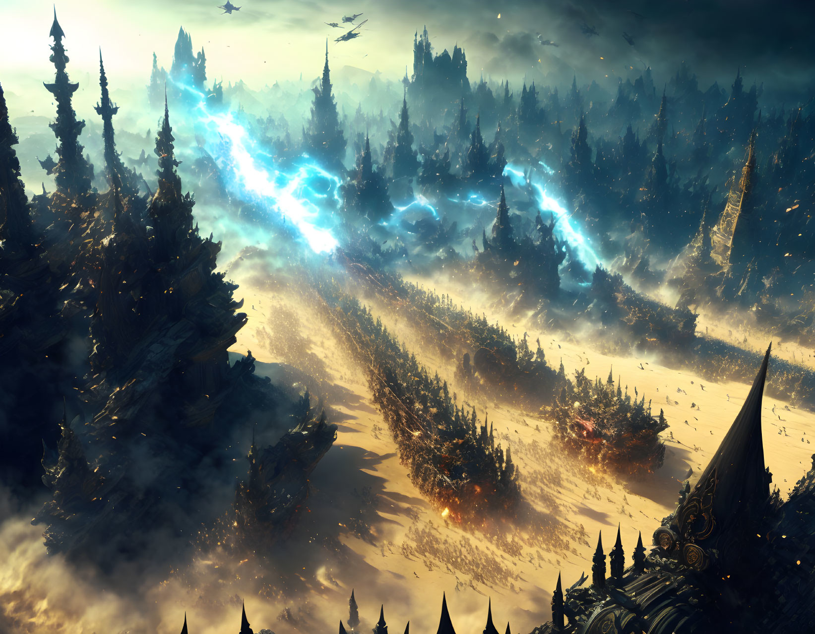 Fantastical landscape with glowing blue energy streams and flying ships