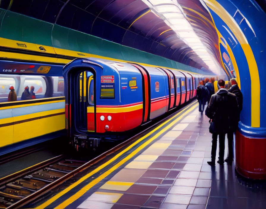 Colorful metro train arrives at vibrant underground station with waiting commuters.