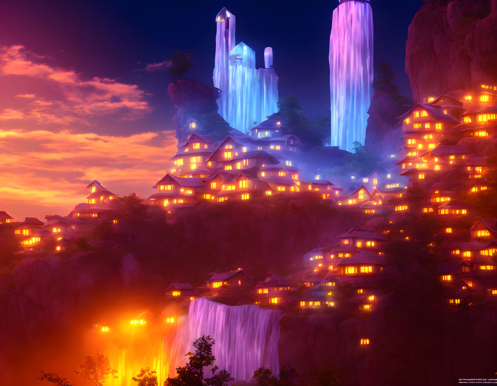 Enchanting village with glowing houses, waterfalls, and crystal formations