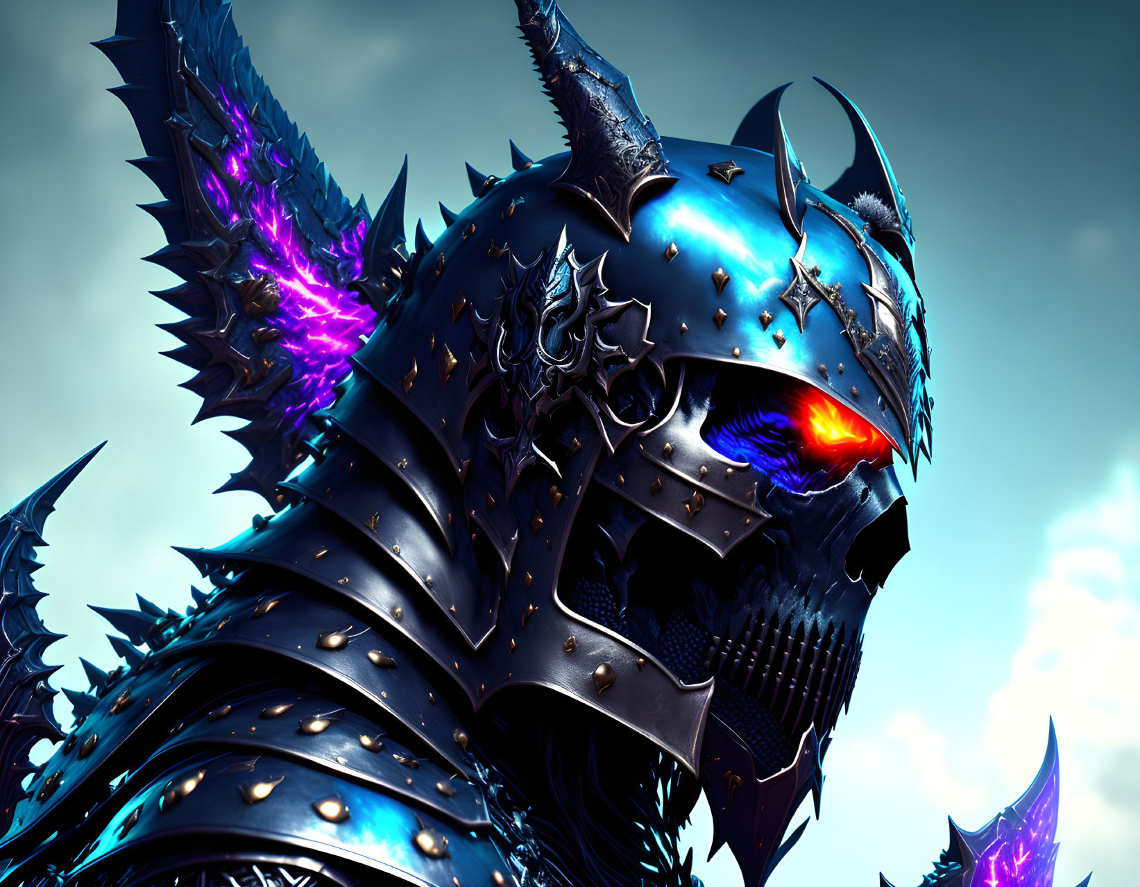 Armored figure with glowing orange eyes and purple accents under blue sky