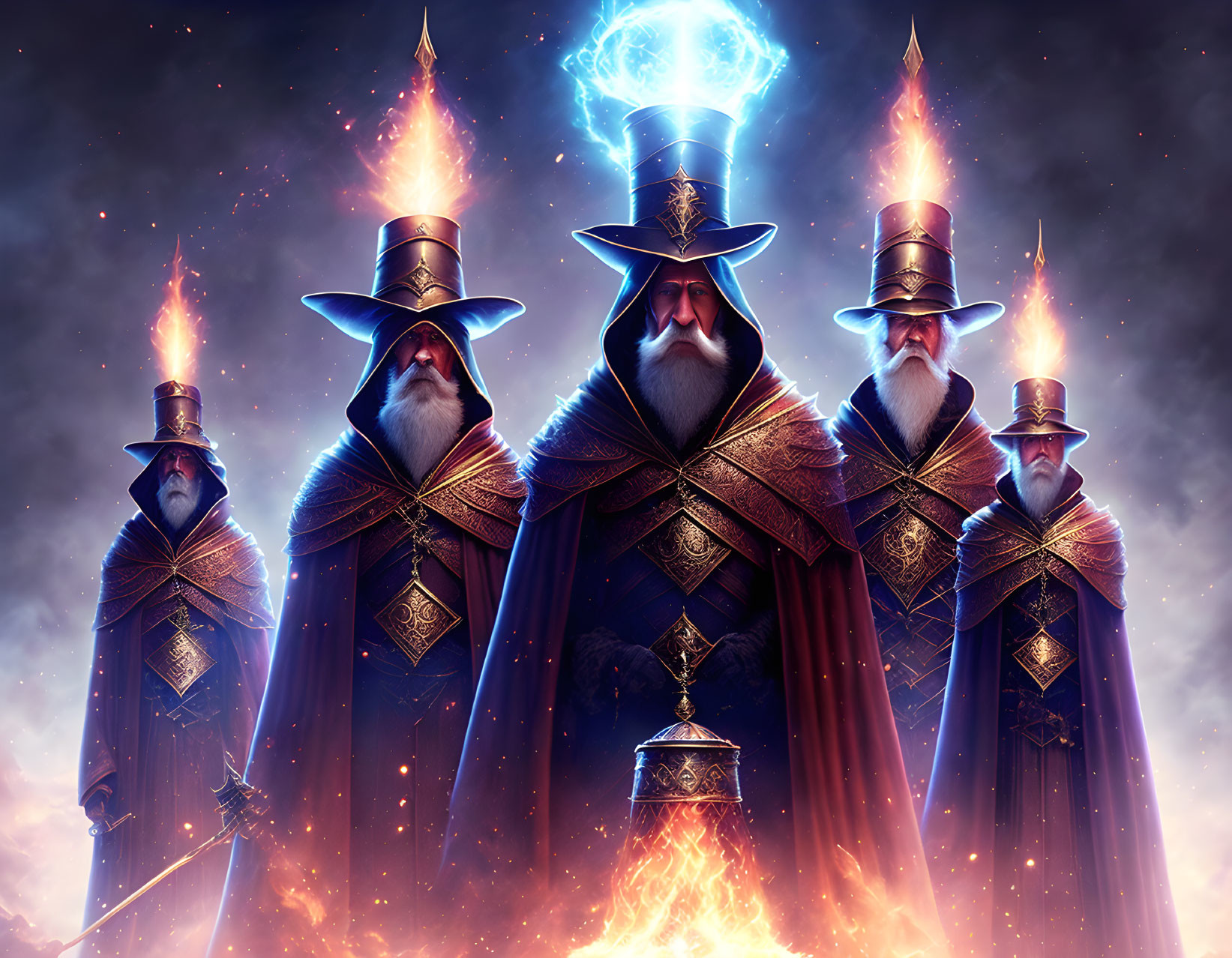 Five wizards in ornate robes under starry night sky.