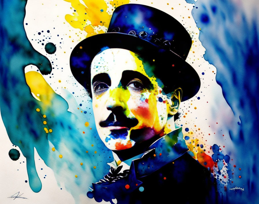 Colorful watercolor portrait of a man with bowler hat and mustache