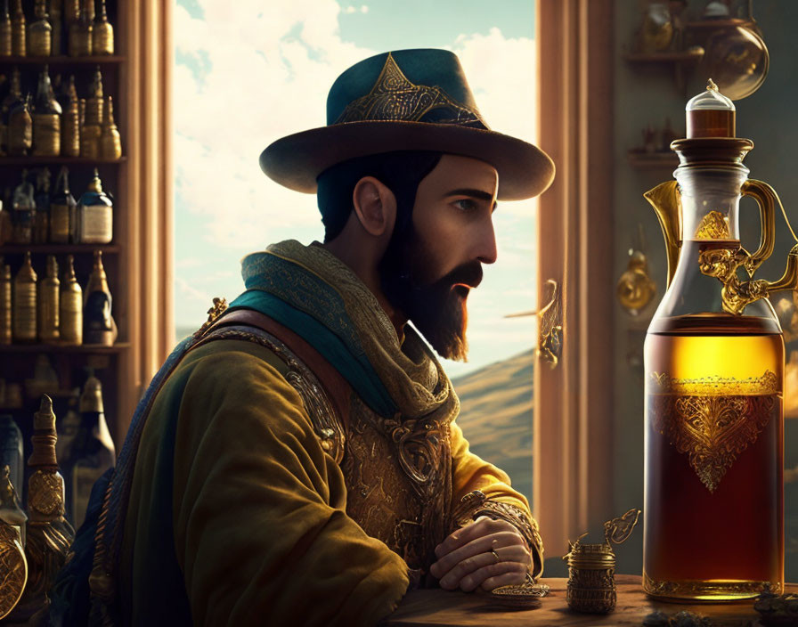 Bearded Renaissance Man with Golden Pitcher and Coins at Table