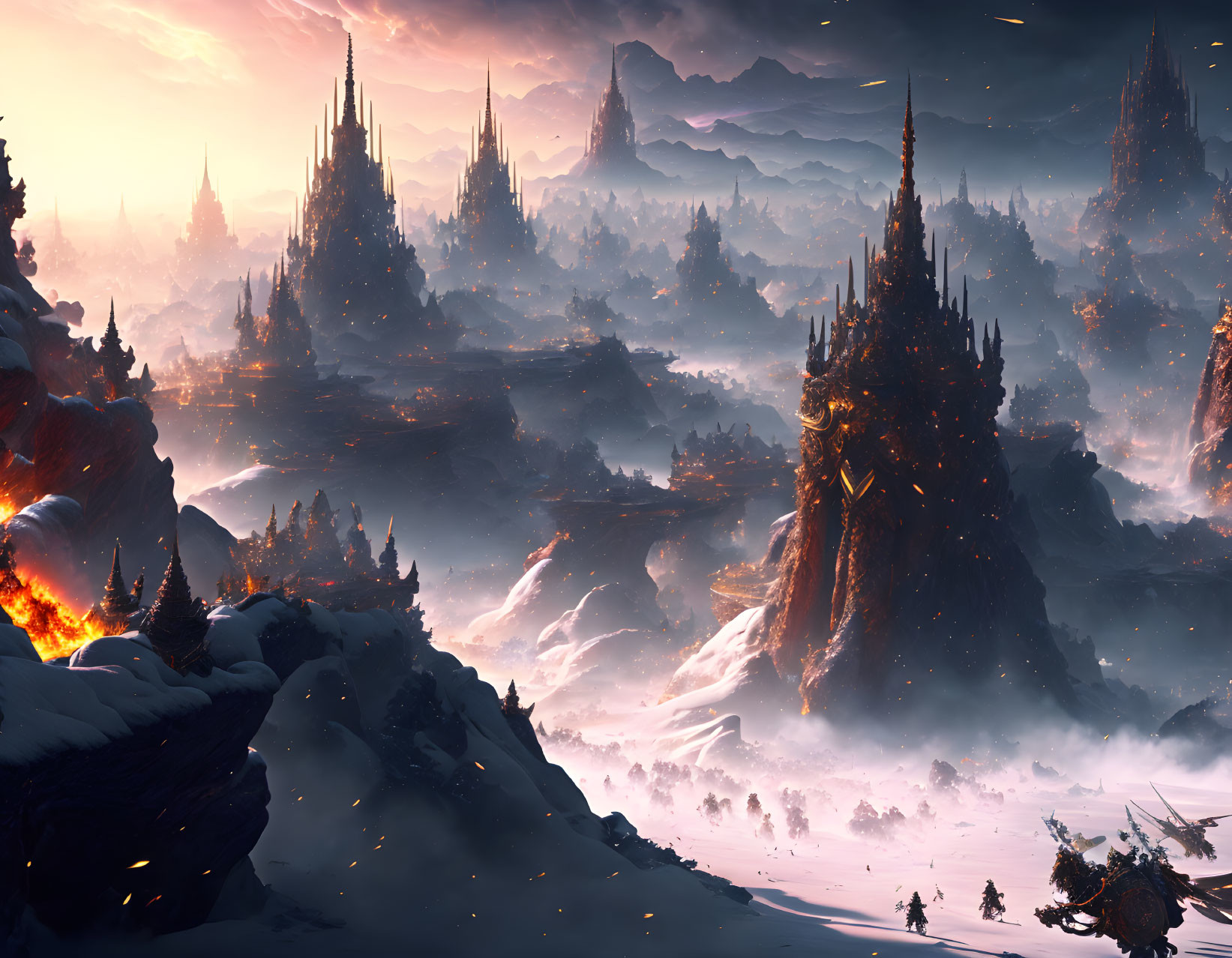 Fantastical snowy landscape with towering spires and figures.