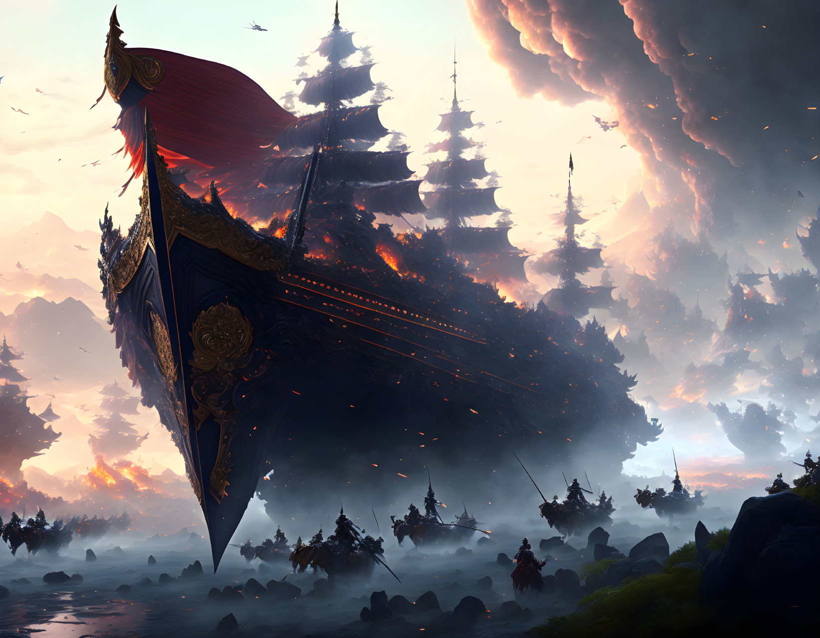 Majestic flying ship with elaborate sails over fantasy battlefield at sunset