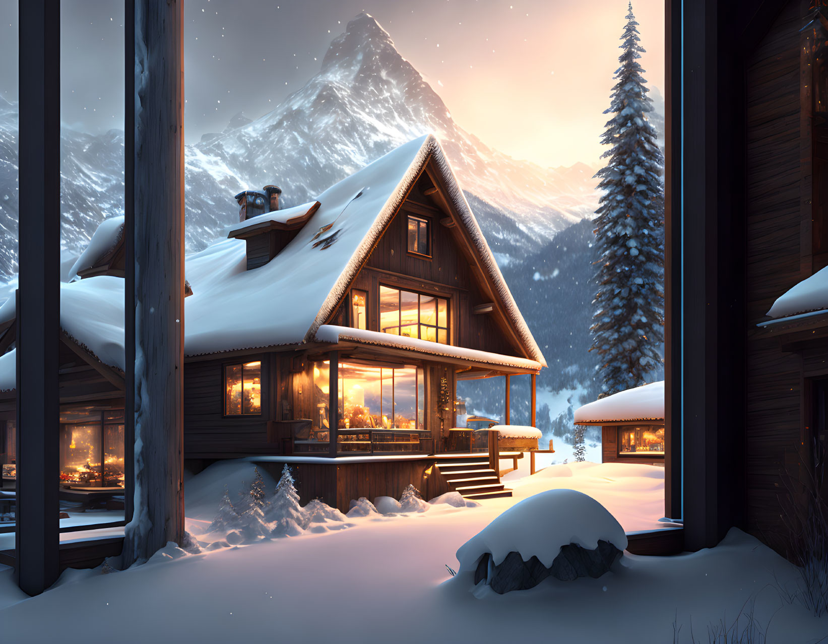 Snowy cabin at twilight with mountain backdrop