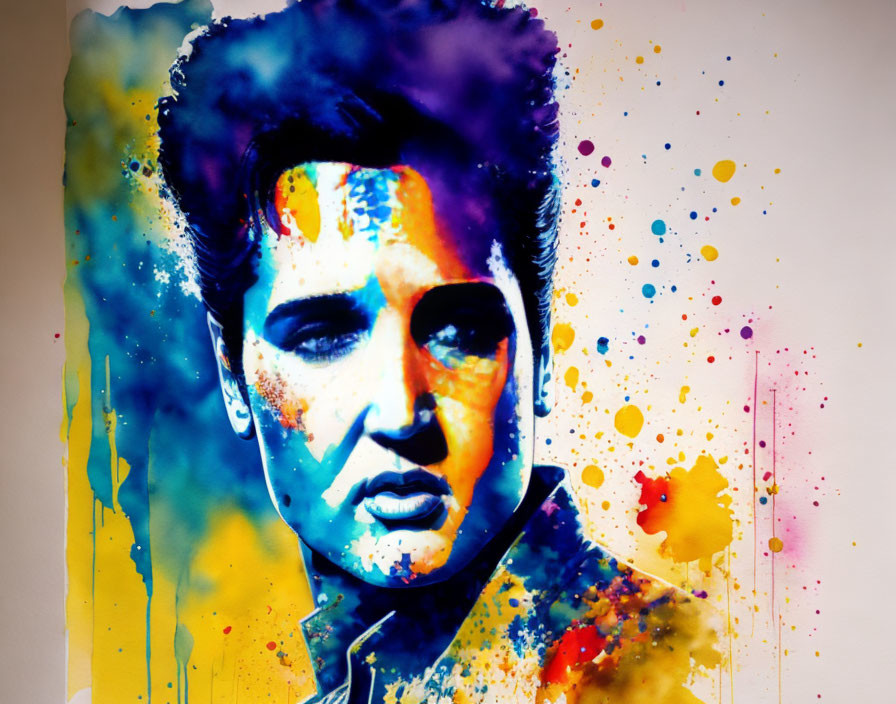 Abstract portrait with vibrant paint splashes of male figure with pompadour.