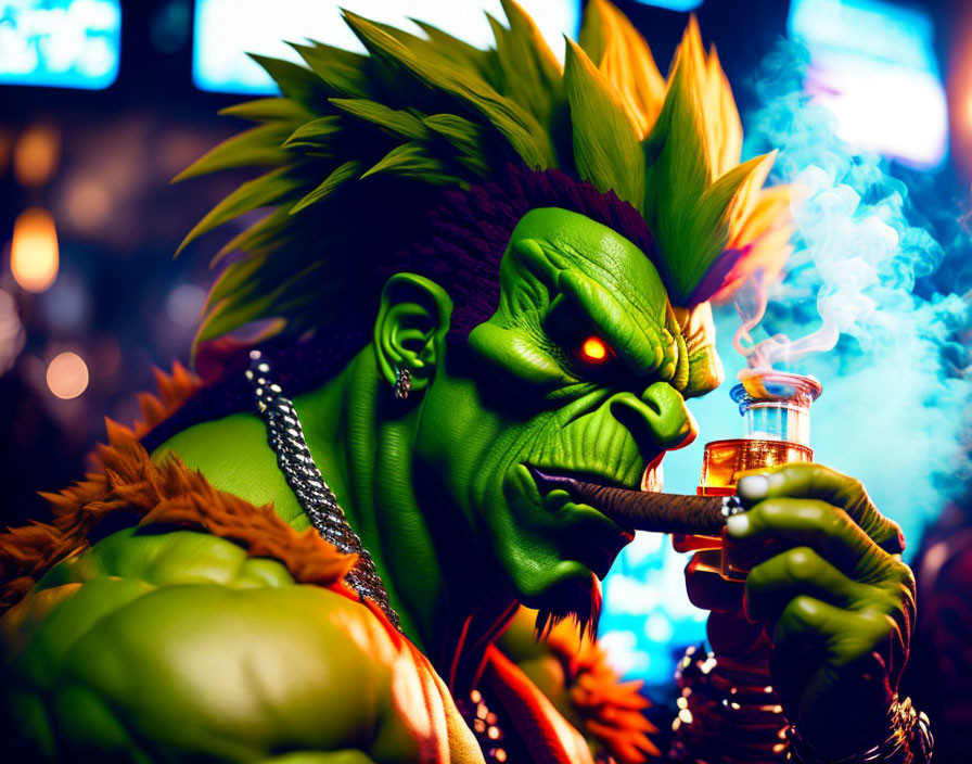 Green-skinned character with mohawk smoking cigar in city nightlife scene