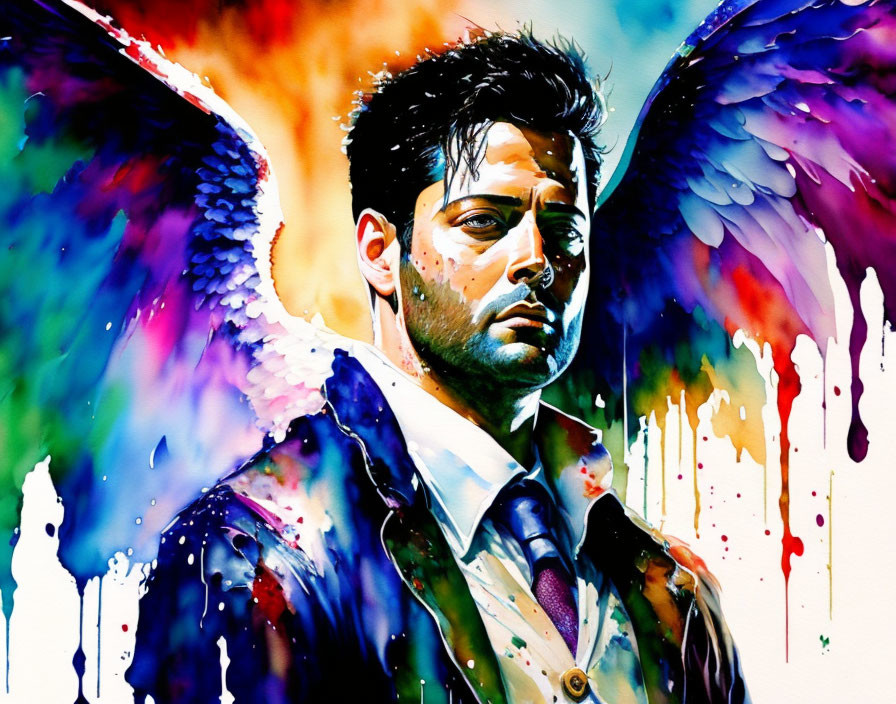 Colorful Watercolor Portrait of a Man with Angel Wings