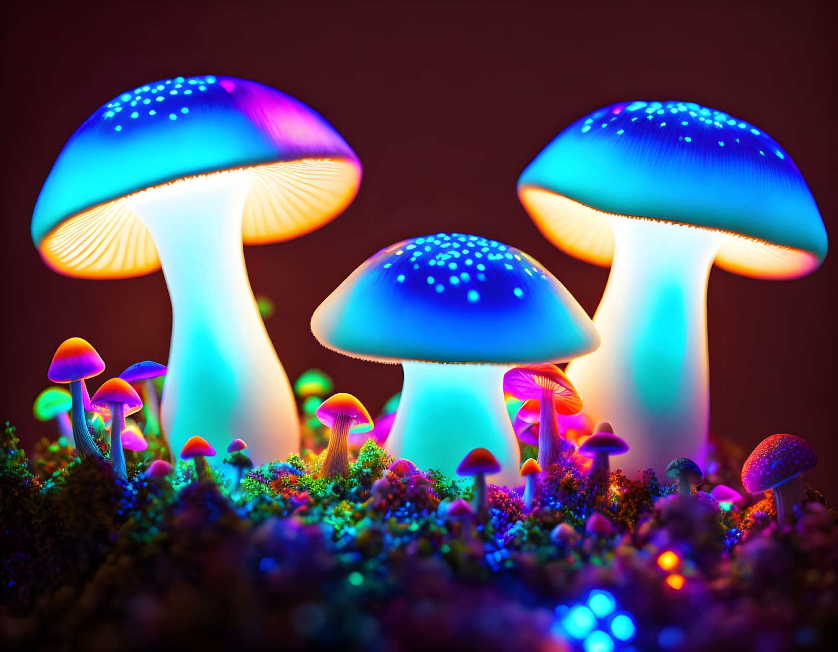 Colorful neon-lit mushrooms in dark setting with mossy terrain