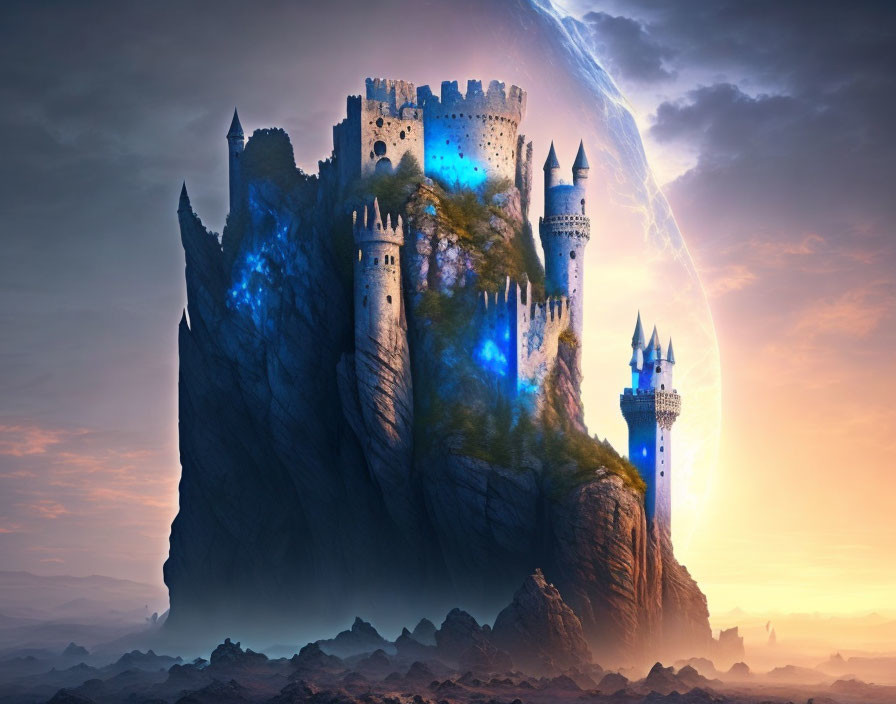 Fantastical castle on steep rock with glowing blue lights at sunrise.