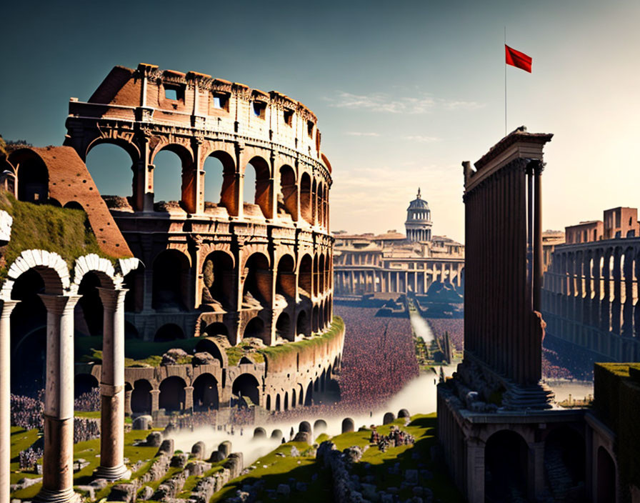 Reconstructed digital view of ancient Rome with Colosseum and forums