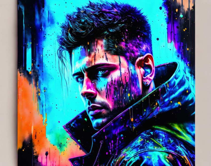 Colorful portrait of a man with spiky hair and intense gaze on paint-splattered backdrop