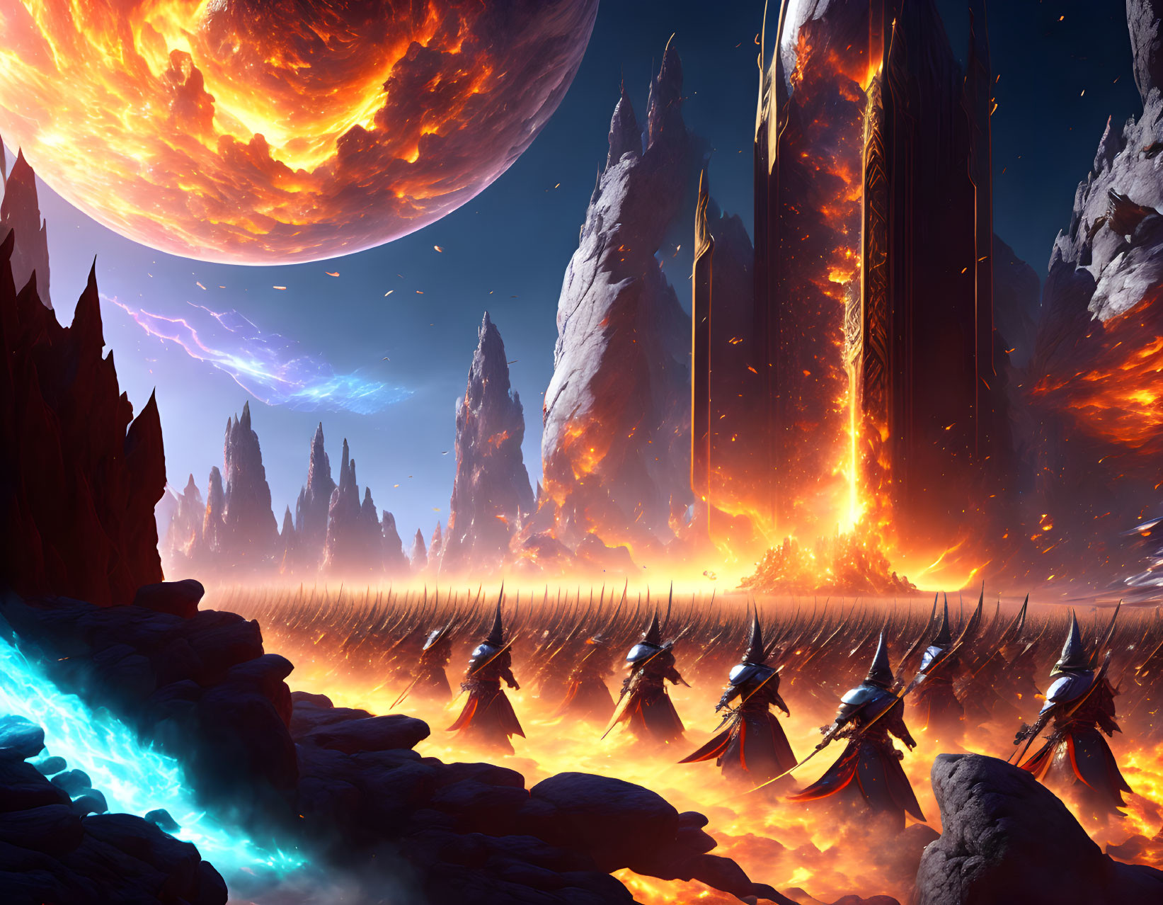 Sci-fi landscape with spiky rocks, fiery river, alien soldiers, planet, futuristic structures