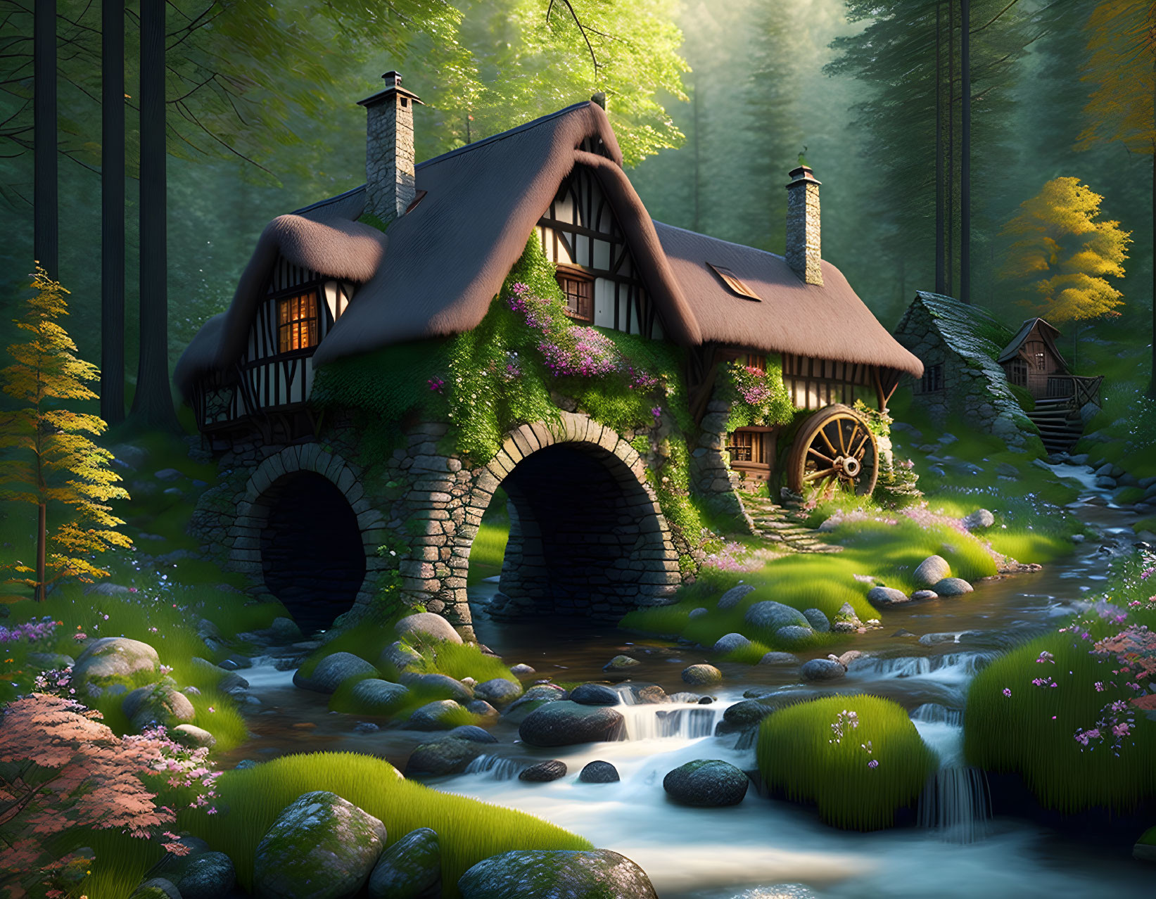 Forest Cottage with Stone Bridge, Waterwheel, Stream & Lush Surroundings