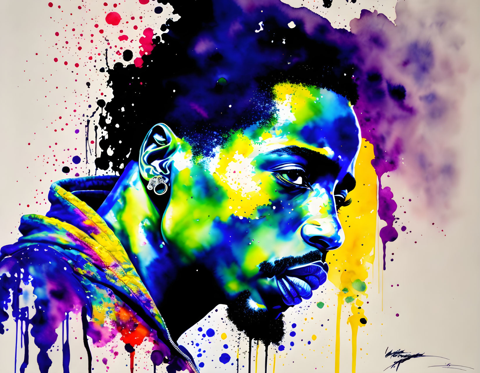 Vibrant digital portrait with yellow, blue, and purple paint splashes