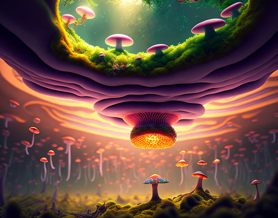 Luminescent mushrooms in vibrant surreal landscape