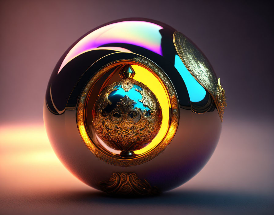 Reflective black and gold spherical object with intricate details on gradient background