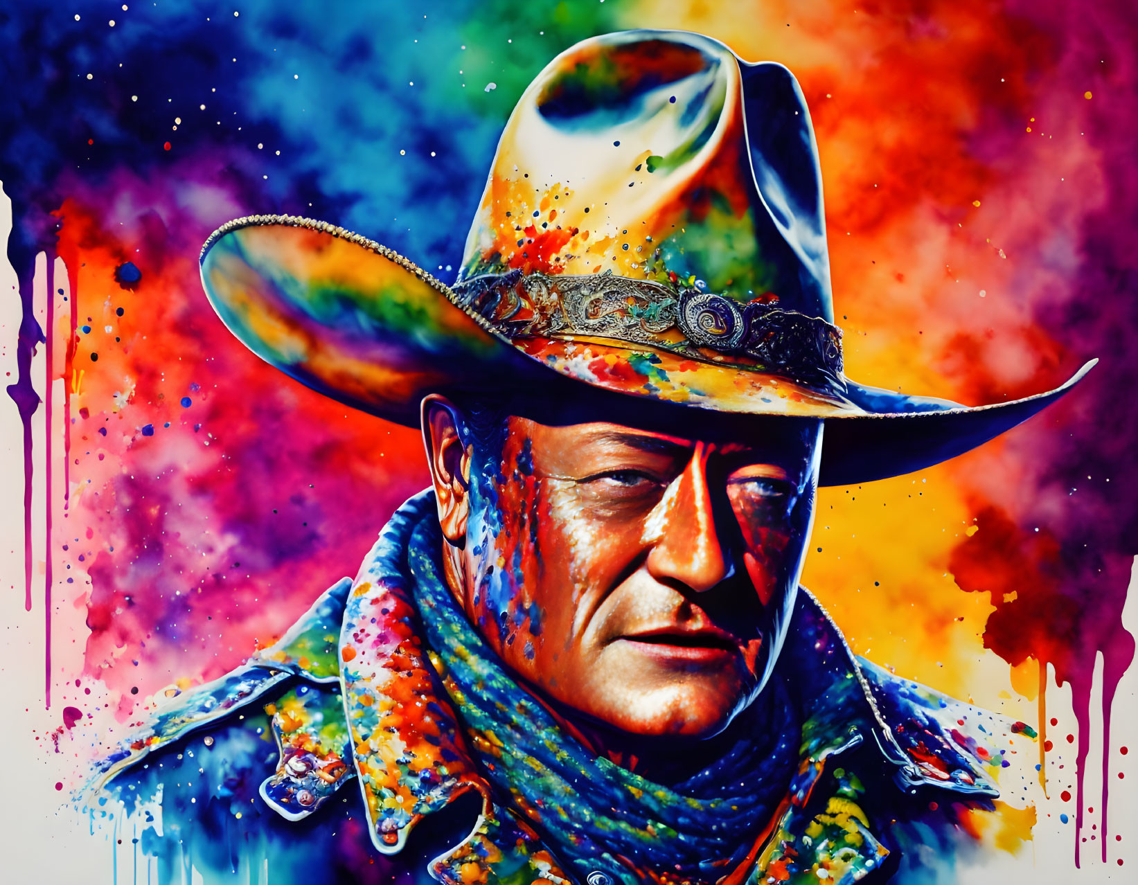 Colorful cowboy hat painting with splattered background