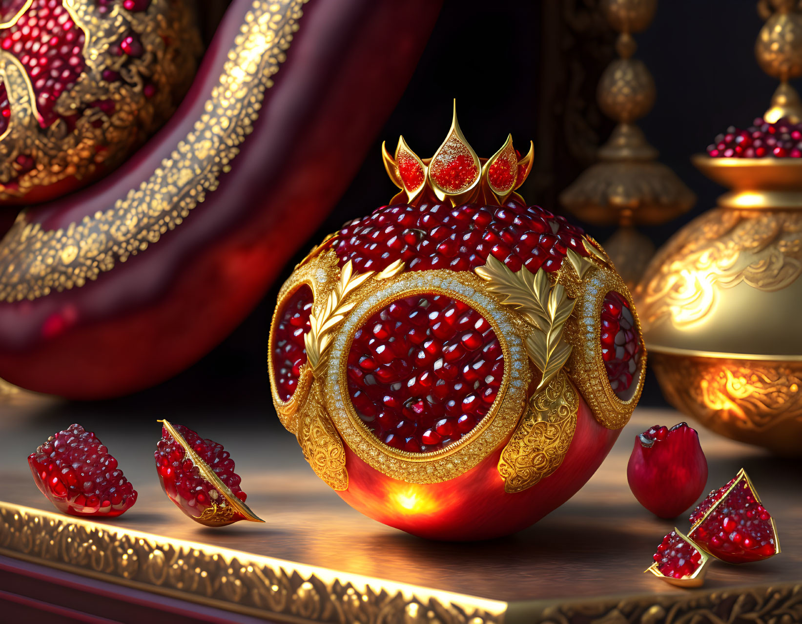 Luxurious golden pomegranate with red gemstones on royal backdrop