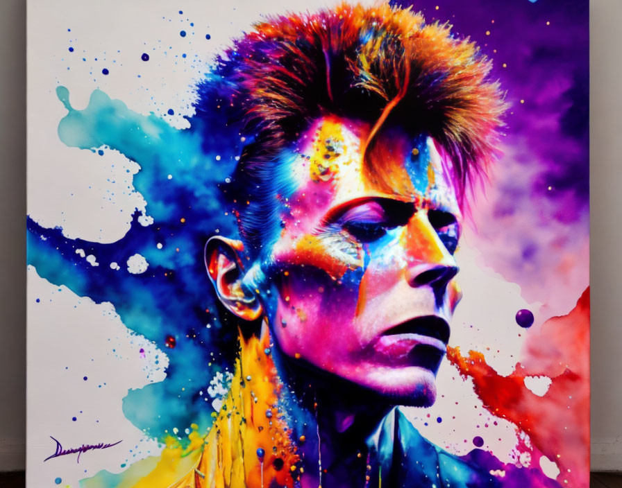 Colorful Portrait of Man with Spiked Hair Against Purple and Blue Background