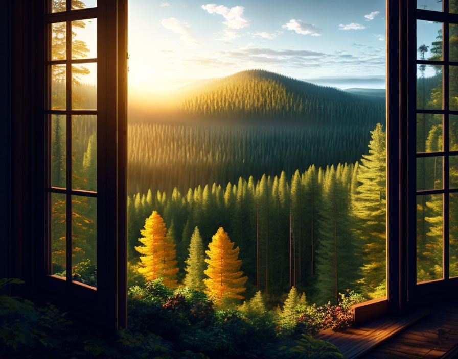 Sunrise illuminating dense forest and clear blue sky.