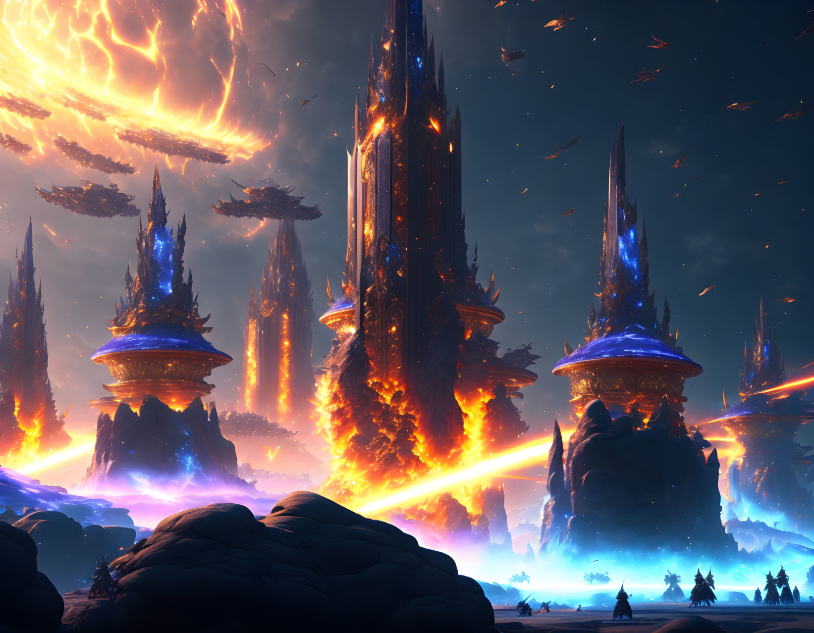 Fantastical landscape with towering spires and flowing lava under dramatic sky.