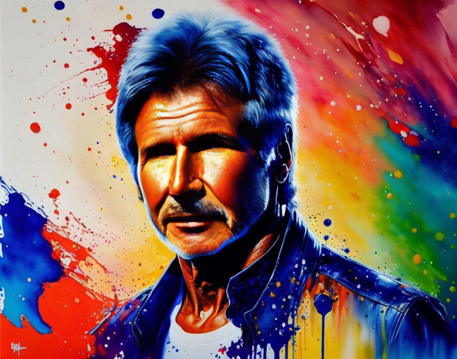 Colorful portrait of a man with blue eyes and styled hair against splattered paint backdrop