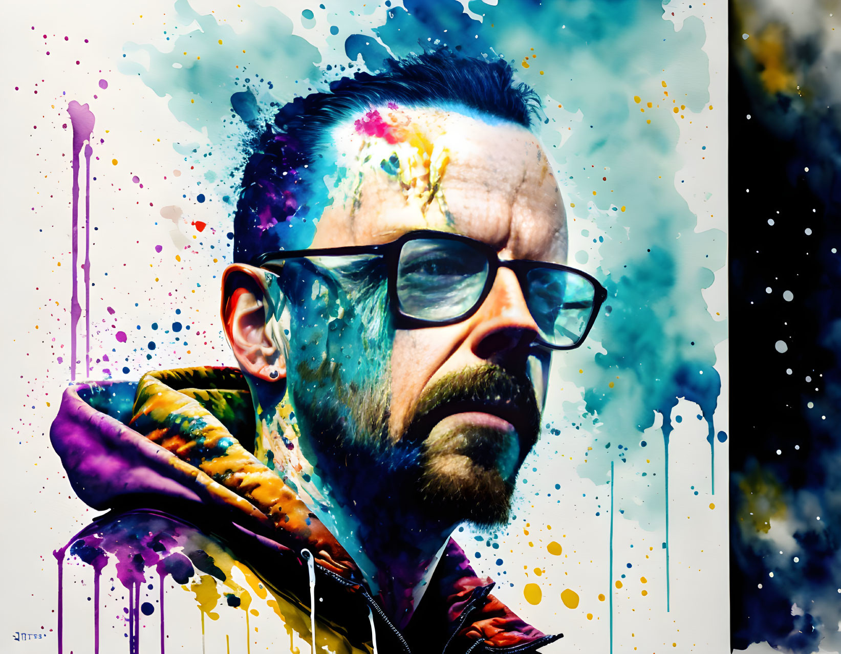 Bearded man with glasses in vibrant paint splatters