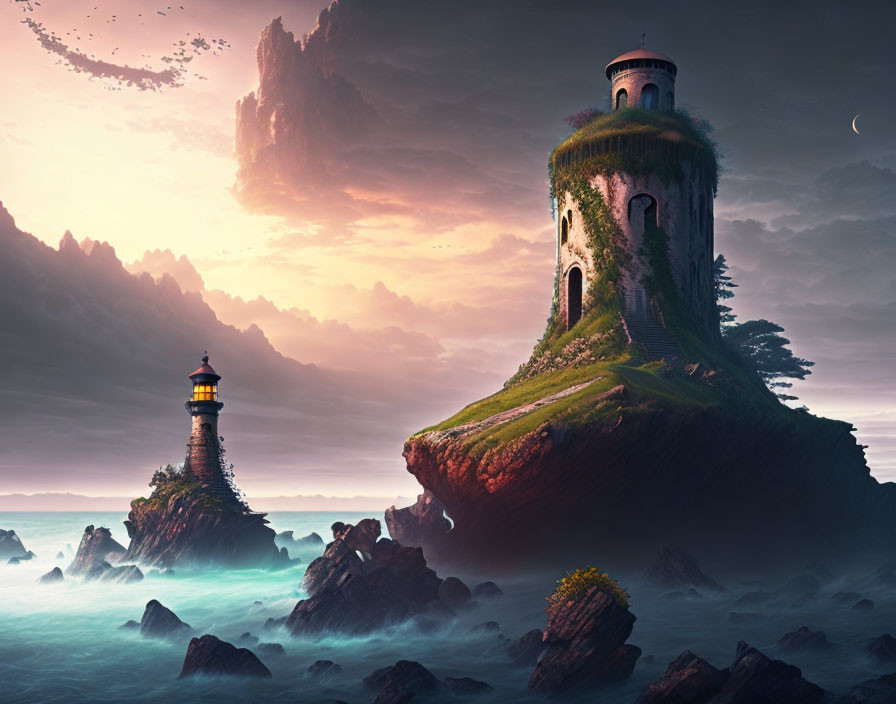 Coastal landscape with tall lighthouse and moonlit sky