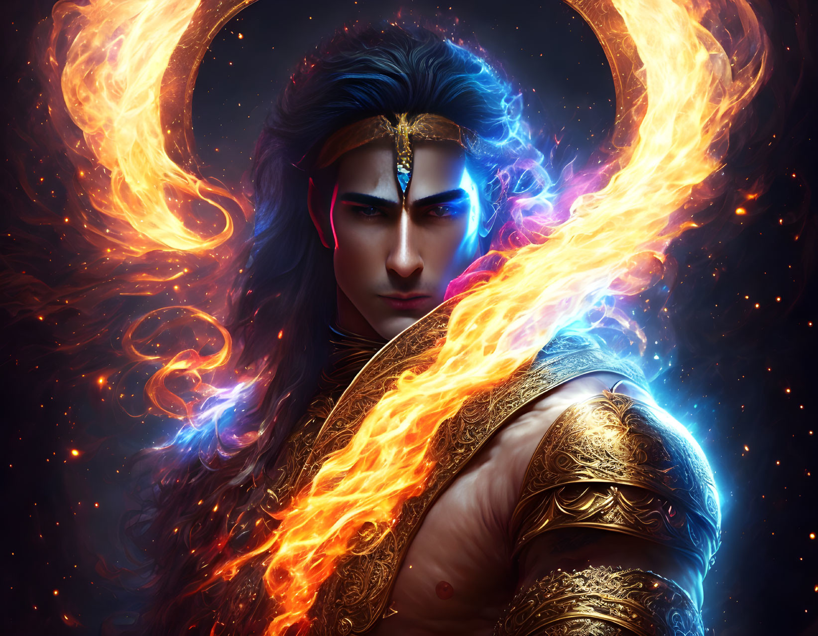 Fantasy-inspired male figure with fiery energy and golden armor