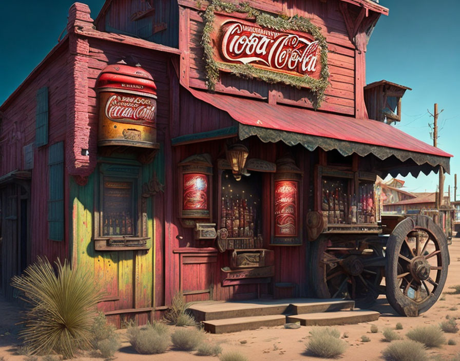 Vintage Western Building with Coca-Cola Signs & Antique Gas Pump in Desert Setting