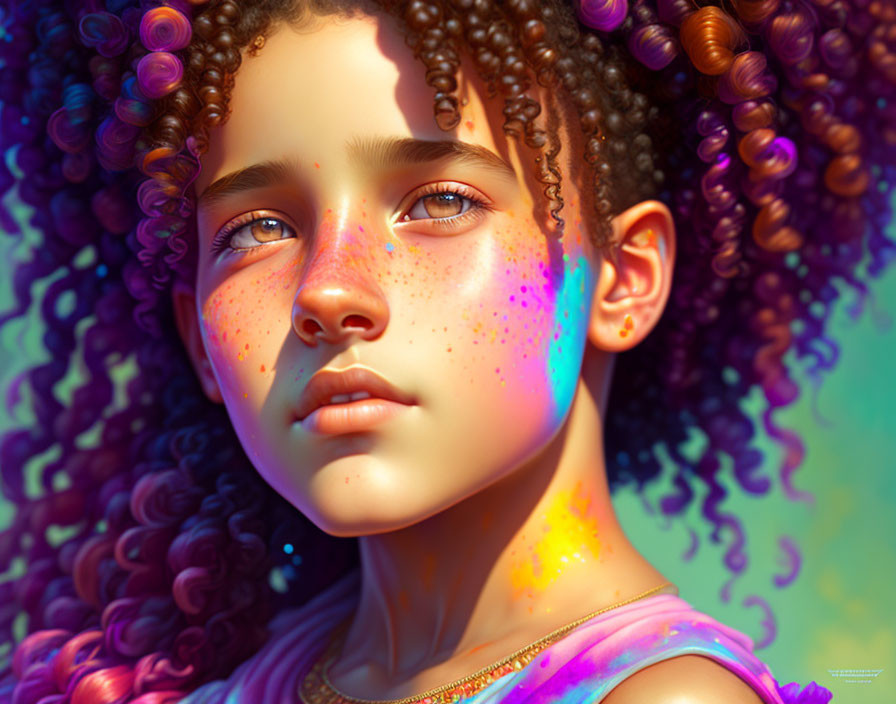 Curly-haired girl with freckles and neon splashes on warm background