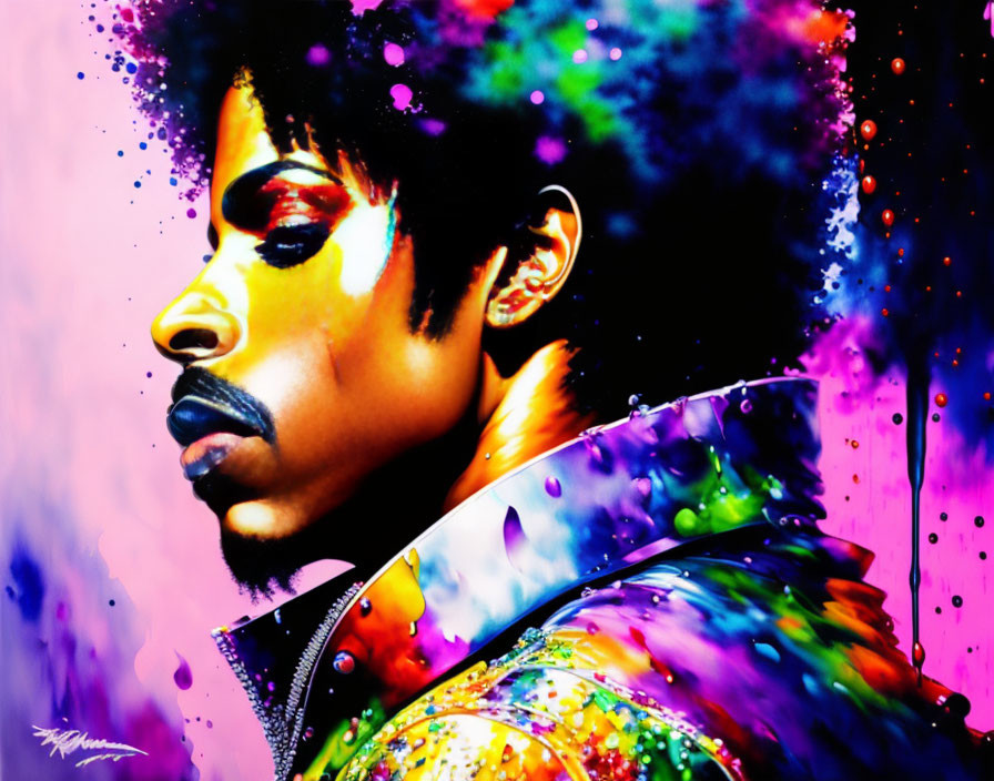 Vibrant artistic portrait with iconic hairstyle and colorful paint splashes