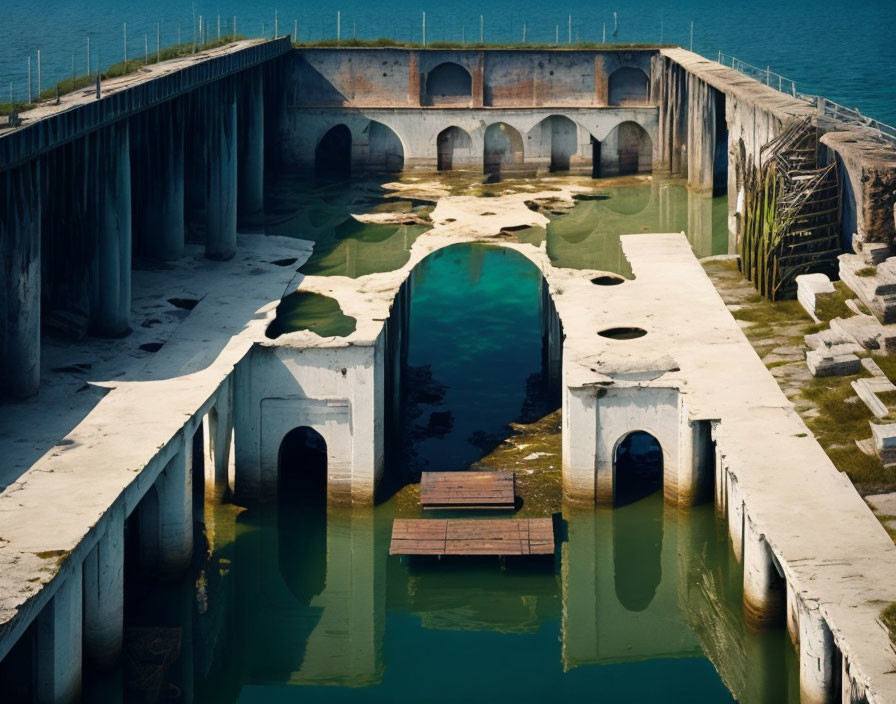 Desolate industrial site with arches, pools, and wooden platform