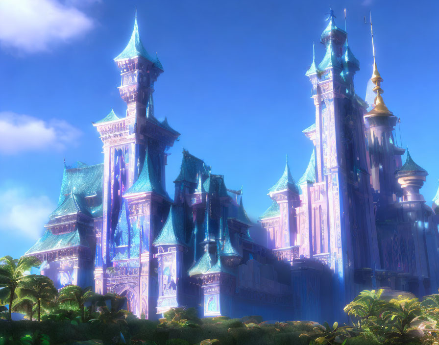 Radiant crystalline castle with soaring towers and lush green foliage