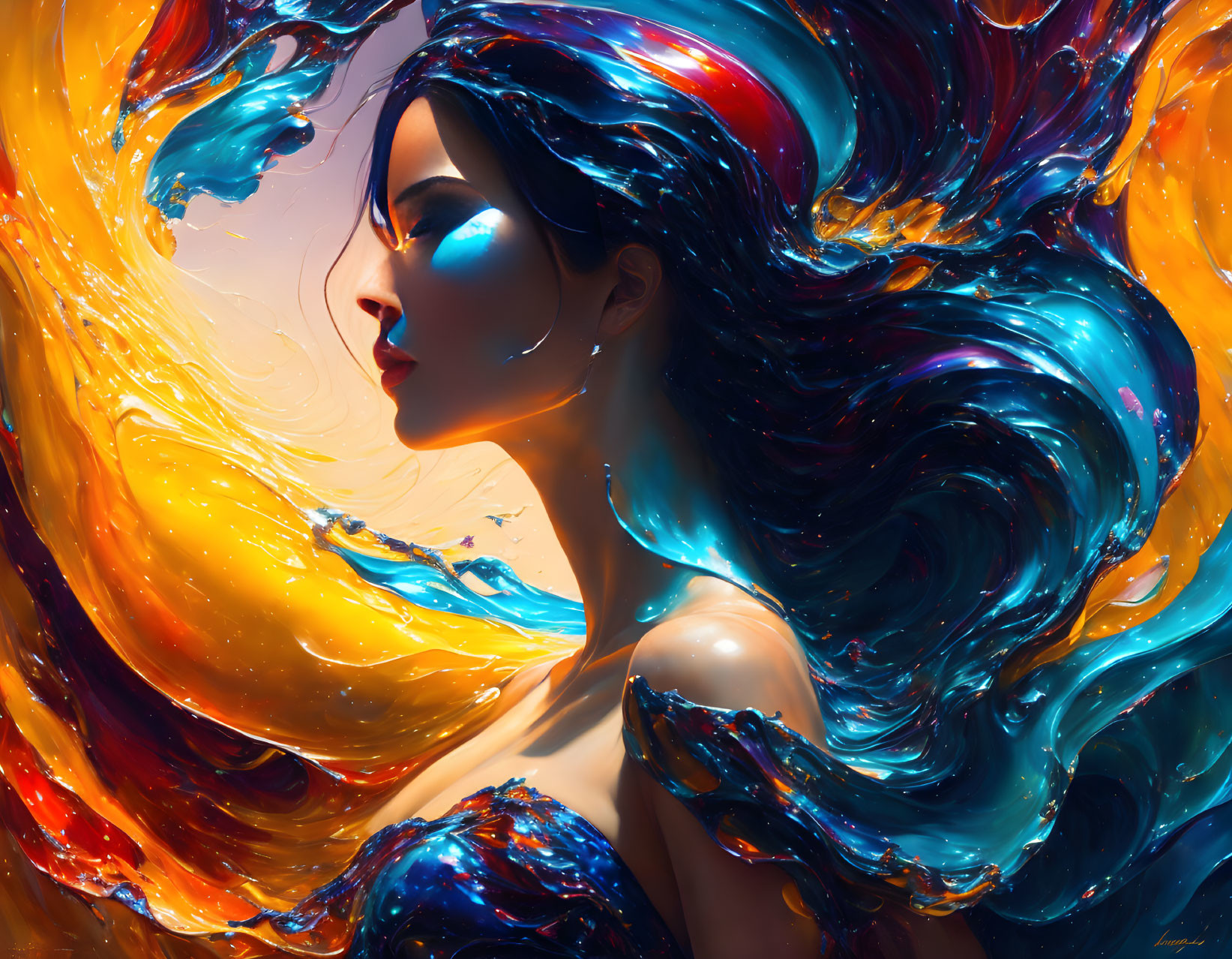 Colorful woman with cosmic nebula hair art