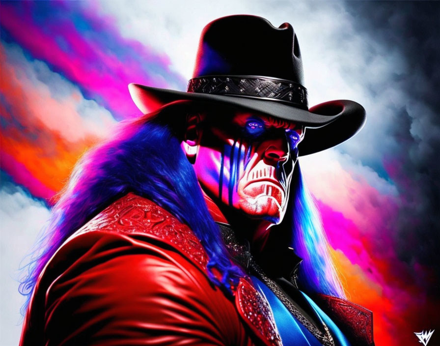 Illustrated person with painted skeletal face in black hat and red coat on vibrant multicolored cloud background