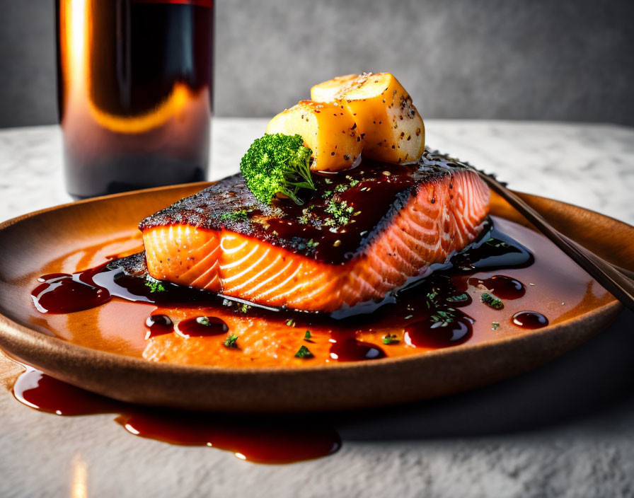 Grilled Salmon Fillet with Glaze and Scallops on Ceramic Plate