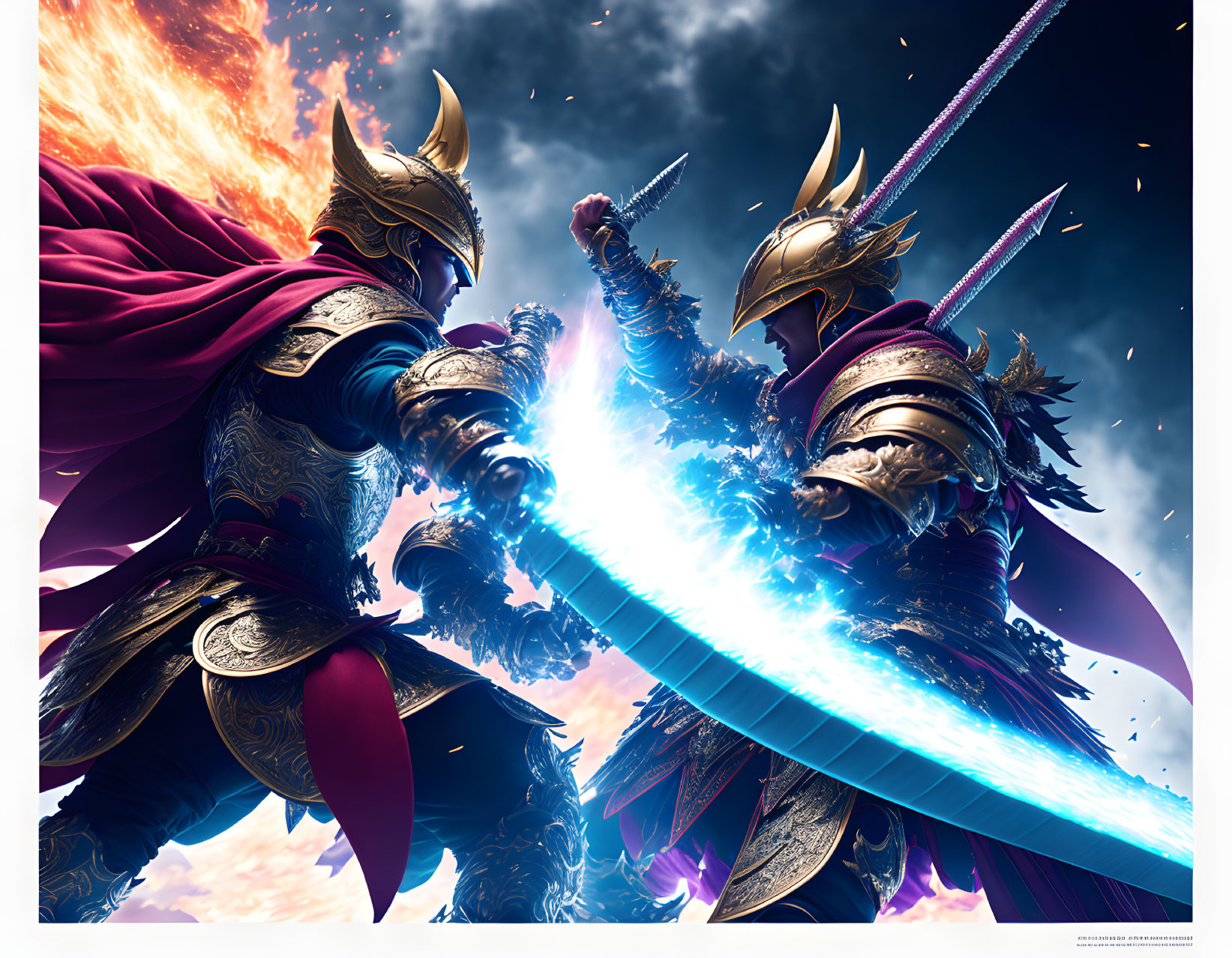 Armored warriors clash swords with vibrant energy effects on dramatic sky background