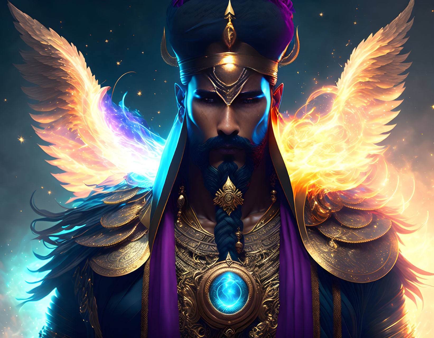 Majestic bearded figure in ornate armor with glowing eyes and fiery wings on cosmic backdrop