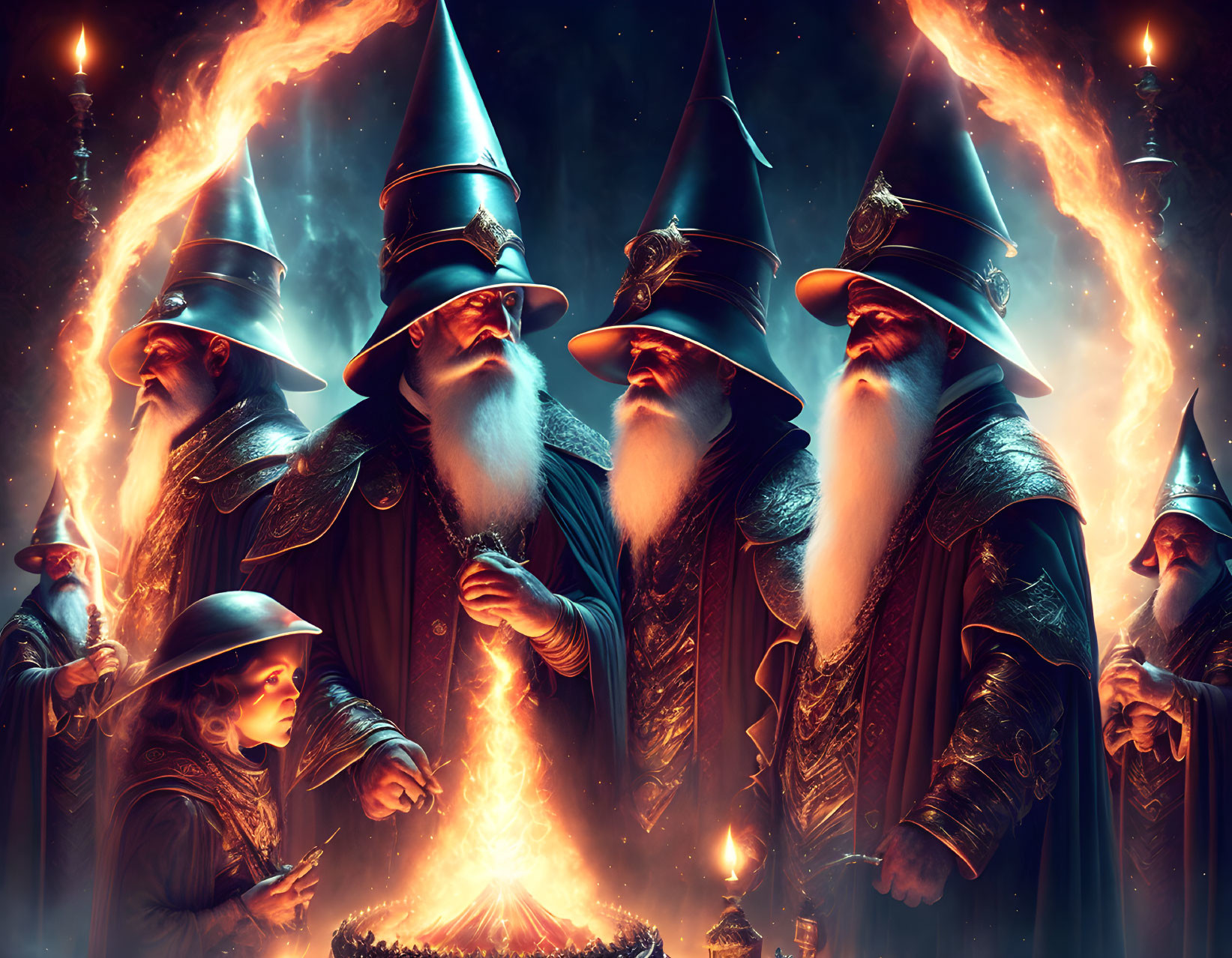 Bearded wizards casting spells around magical fire