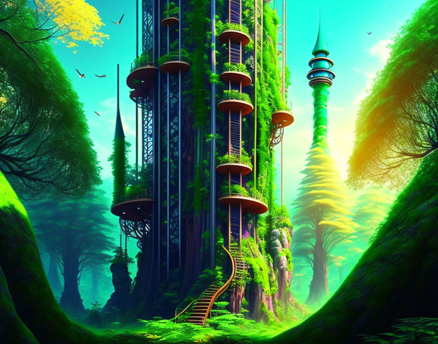 Fantasy forest with towering vine-covered structure