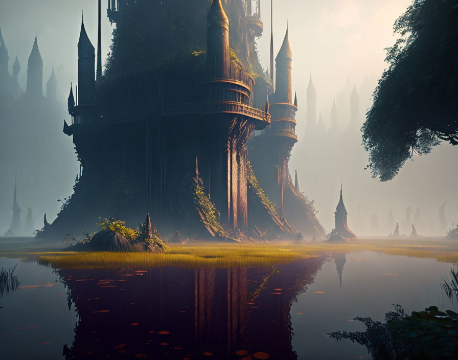 Mystical castle and ancient tree in foggy swamp landscape