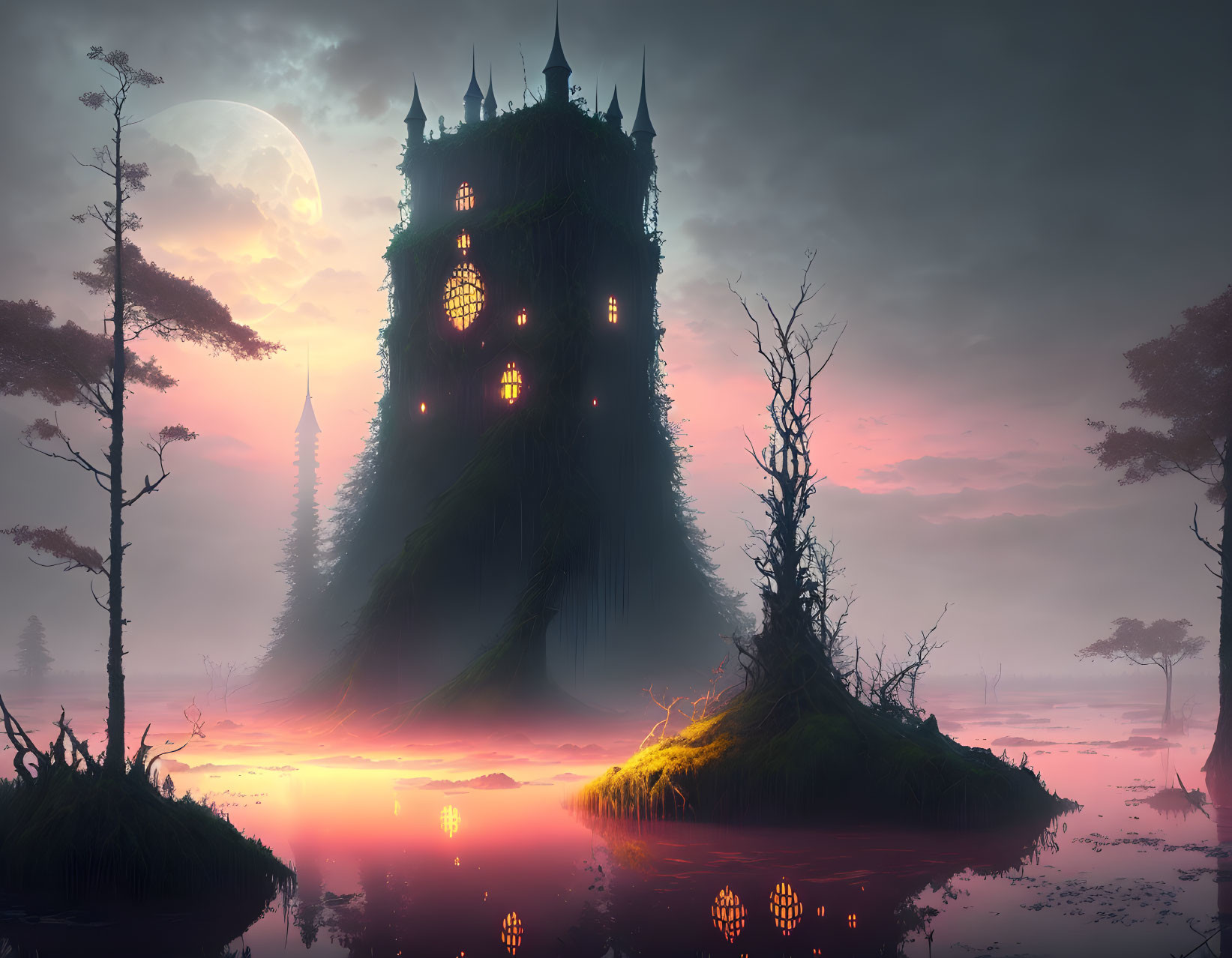 Mystical clock tower on islet at sunset with moon, fog, and water