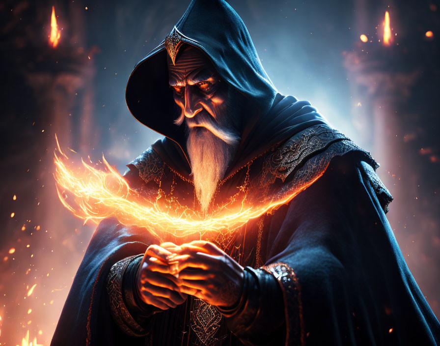 Hooded wizard casting fiery spell with candlelight