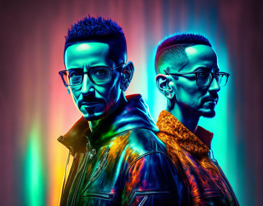 Stylish men with glasses under neon lights on striped background