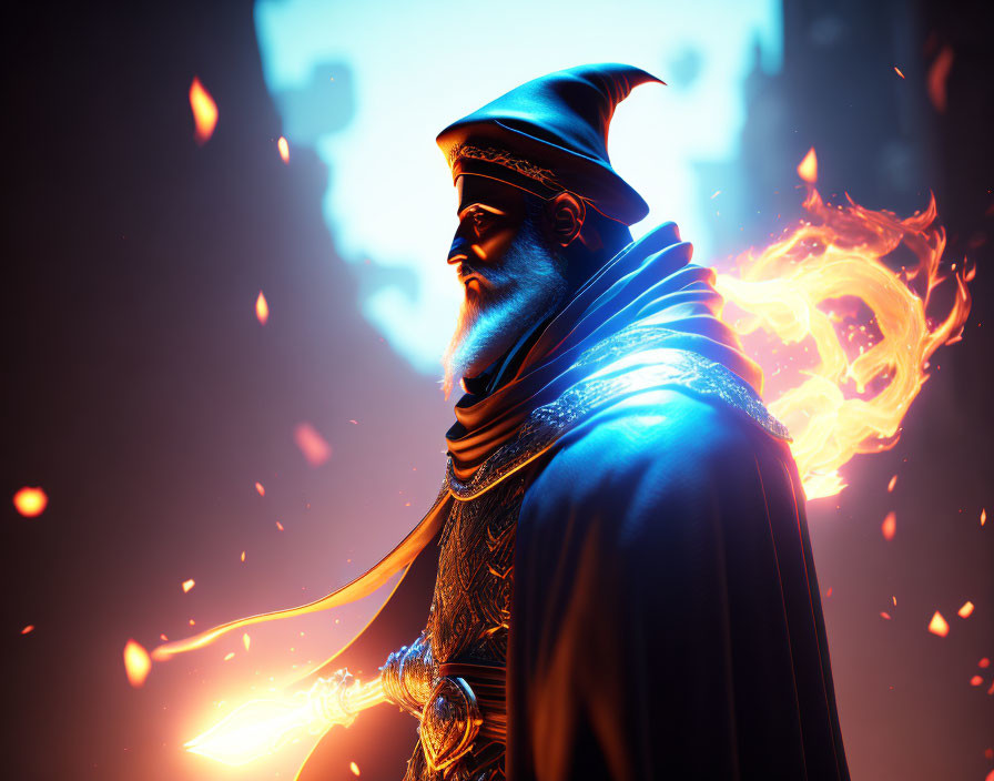 Wizard with glowing staff and fire magic in blue robe against fiery backdrop